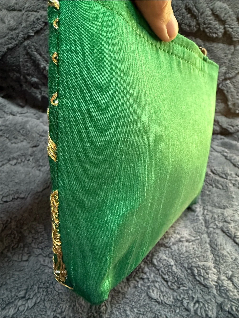 Green Embroidered Evening Bag with Gold Accents 7 x 9”